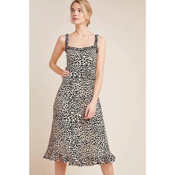 Faithfull the Brand Noemie Dress 8 Leopard Print Midi Length Slip Smocked‎ Zip - Picture 1 of 16